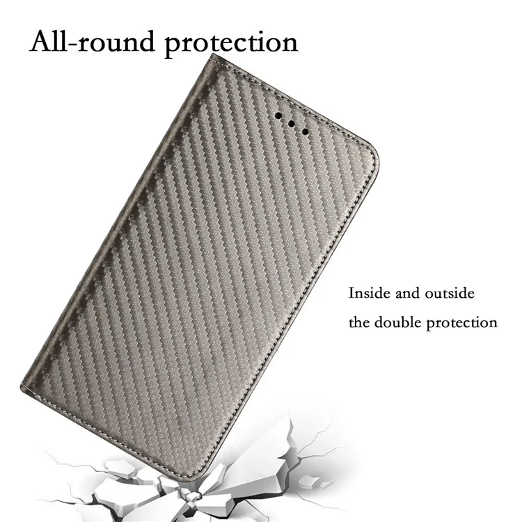 For iPhone 14 Pro 6.1 inch Scratch Proof Carbon Fiber Texture PU Leather Case Auto Magnetic Closed Flip Stand Wallet Cover - Grey
