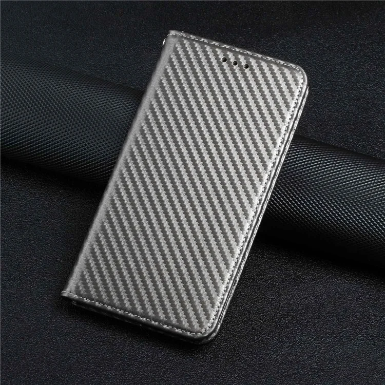 For iPhone 14 Pro 6.1 inch Scratch Proof Carbon Fiber Texture PU Leather Case Auto Magnetic Closed Flip Stand Wallet Cover - Grey