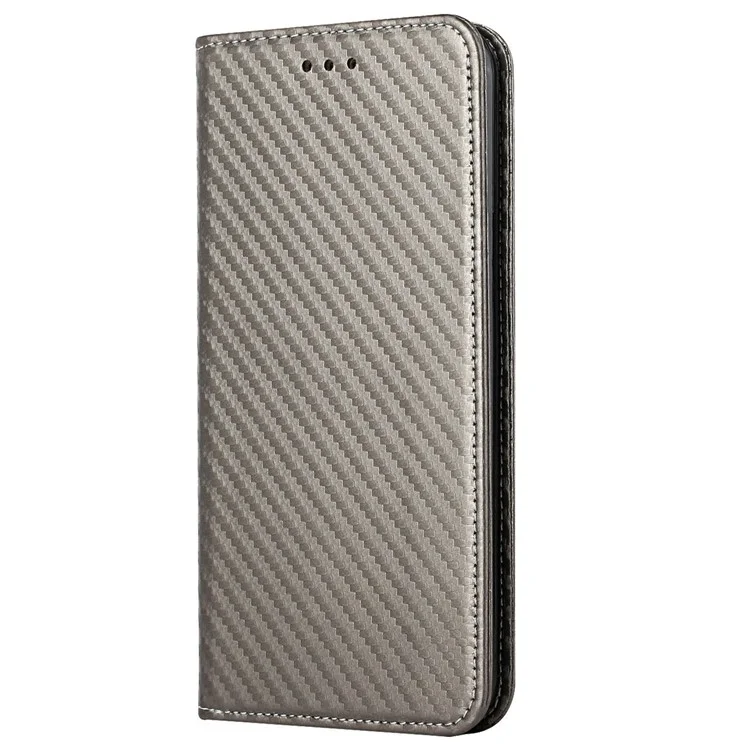 For iPhone 14 Pro 6.1 inch Scratch Proof Carbon Fiber Texture PU Leather Case Auto Magnetic Closed Flip Stand Wallet Cover - Grey
