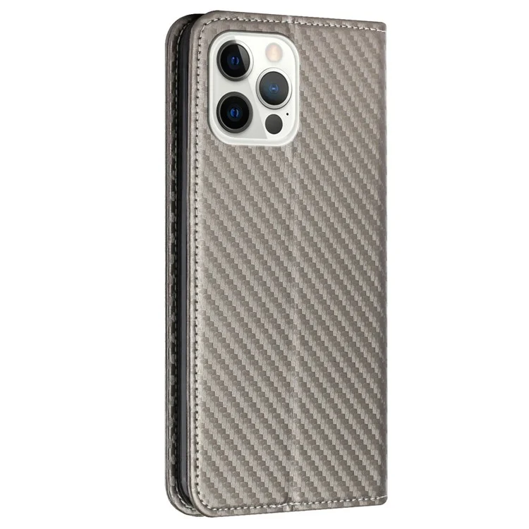 For iPhone 14 Pro 6.1 inch Scratch Proof Carbon Fiber Texture PU Leather Case Auto Magnetic Closed Flip Stand Wallet Cover - Grey