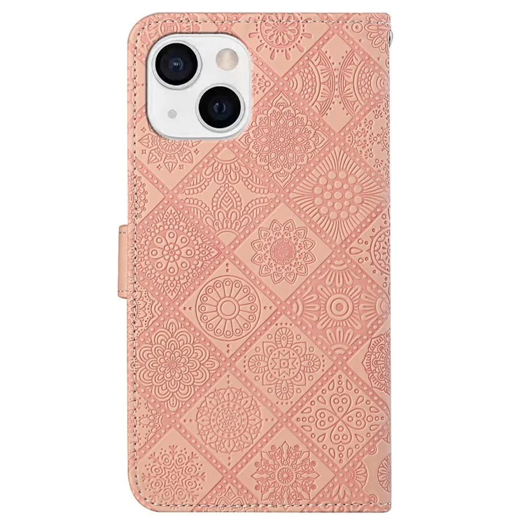 For iPhone 14 Plus Ethnic Style Flower Imprinted PU Leather Flip Wallet Case Stand  Bookstyle Magnetic Protective Cover with Strap - Pink