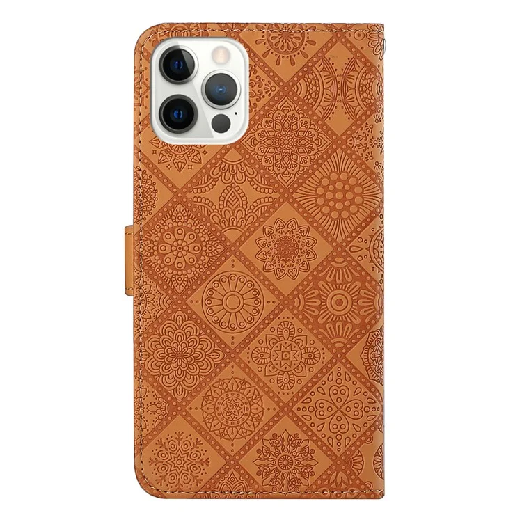 Per Iphone 14 Pro Max 6,7 Pollici in Stile Etnico Flower Exprinted Case PU Peth+tpu Stand Wallet Cover Per Cellulare - Marrone