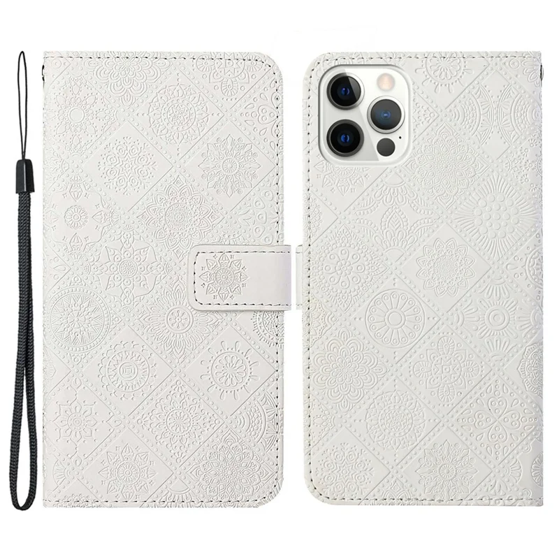 For iPhone 14 Pro Max 6.7 inch Ethnic Style Flower Imprinted Case PU Leather+TPU Stand Wallet Mobile Phone Cover - White