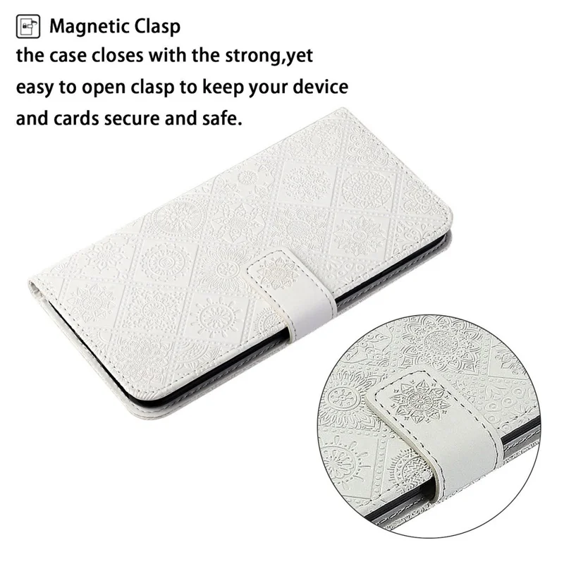 For iPhone 14 Pro Max 6.7 inch Ethnic Style Flower Imprinted Case PU Leather+TPU Stand Wallet Mobile Phone Cover - White