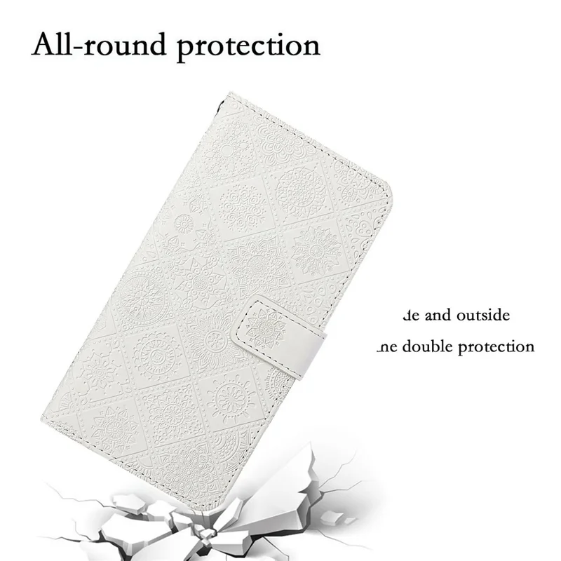 For iPhone 14 Pro Max 6.7 inch Ethnic Style Flower Imprinted Case PU Leather+TPU Stand Wallet Mobile Phone Cover - White