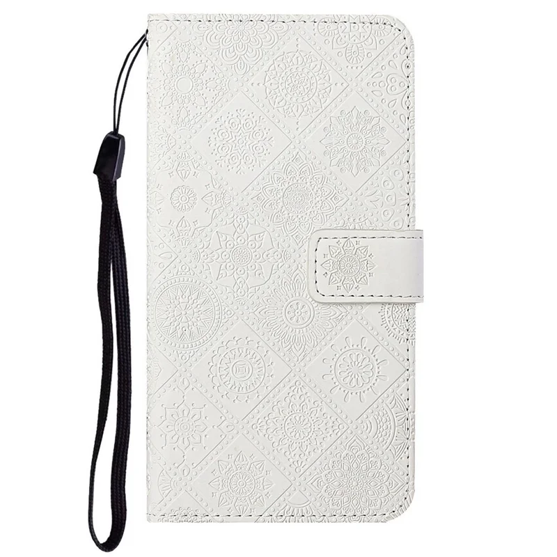 For iPhone 14 Pro Max 6.7 inch Ethnic Style Flower Imprinted Case PU Leather+TPU Stand Wallet Mobile Phone Cover - White