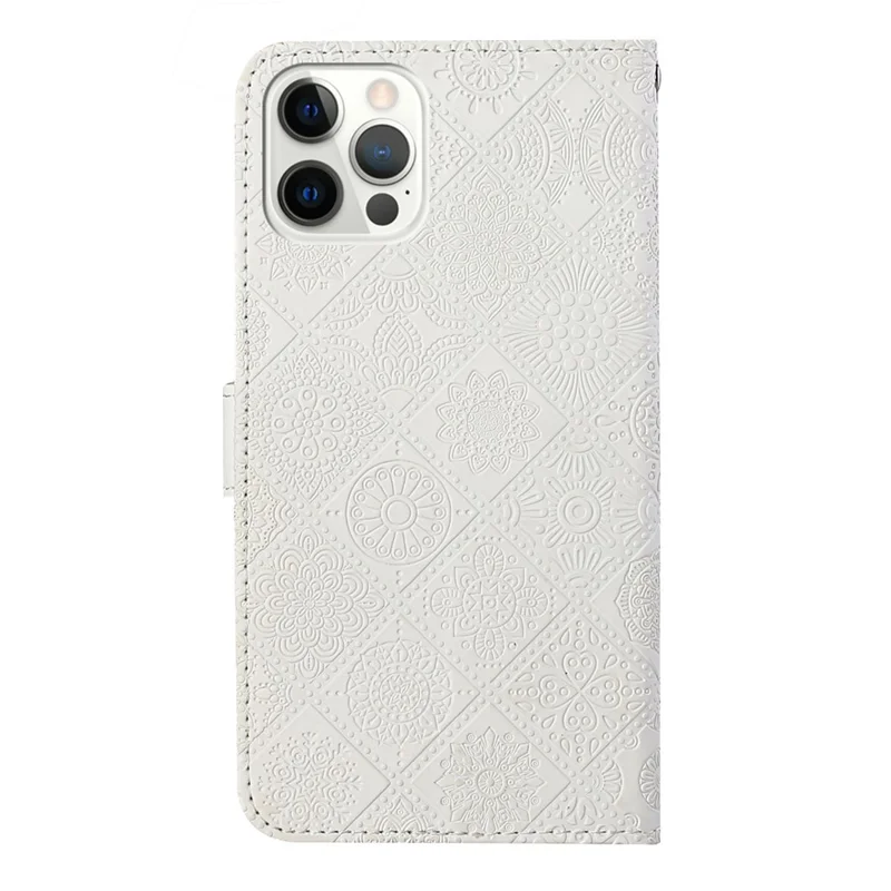 For iPhone 14 Pro Max 6.7 inch Ethnic Style Flower Imprinted Case PU Leather+TPU Stand Wallet Mobile Phone Cover - White