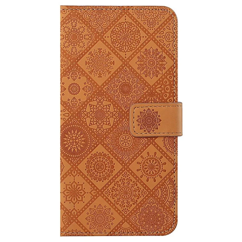 For iPhone 14 Pro 6.1 inch Ethnic Style Flower Imprinted PU Leather Case Stand Wallet Magnetic Clasp Phone Cover - Brown