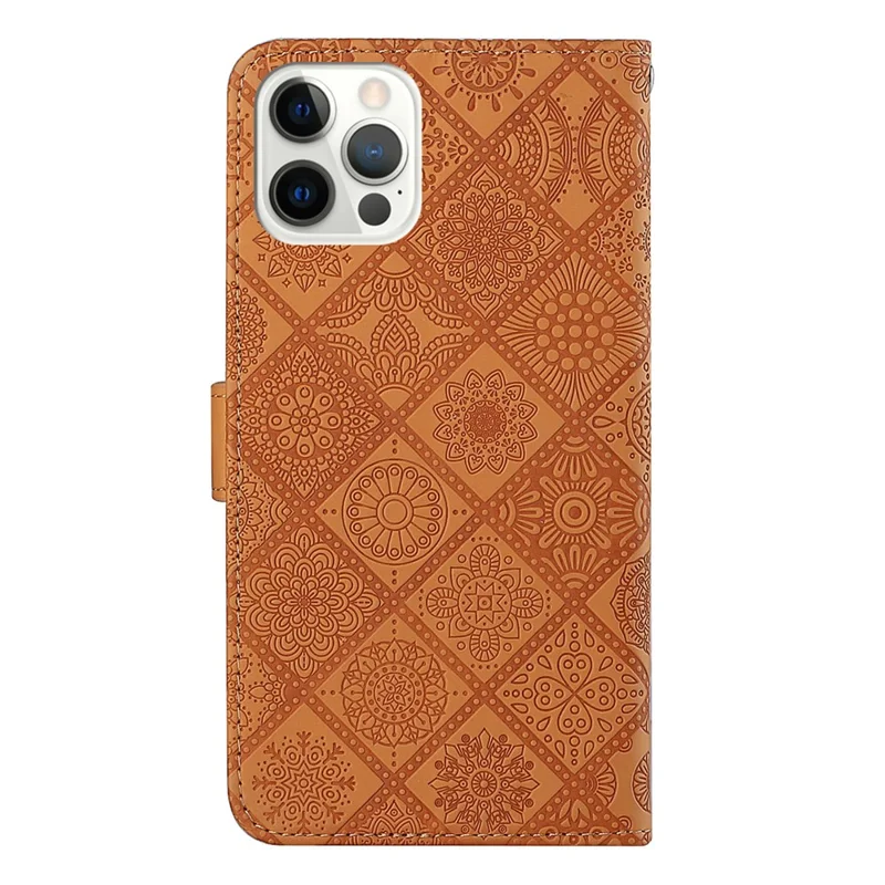 For iPhone 14 Pro 6.1 inch Ethnic Style Flower Imprinted PU Leather Case Stand Wallet Magnetic Clasp Phone Cover - Brown