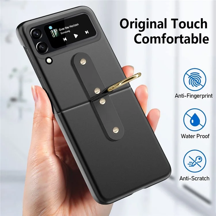 For Samsung Galaxy Z Flip4 5G Ultra Thin Rubberized Folding PC Phone Case Cover with Finger Ring Holder - Black