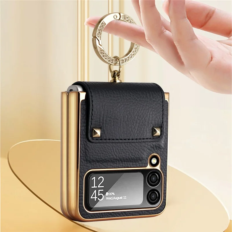 For Samsung Galaxy Z Flip4 5G Leather Coated PC Phone Case Ring Holder Design Folding Phone Cover with Tempered Glass Lens Film - Black