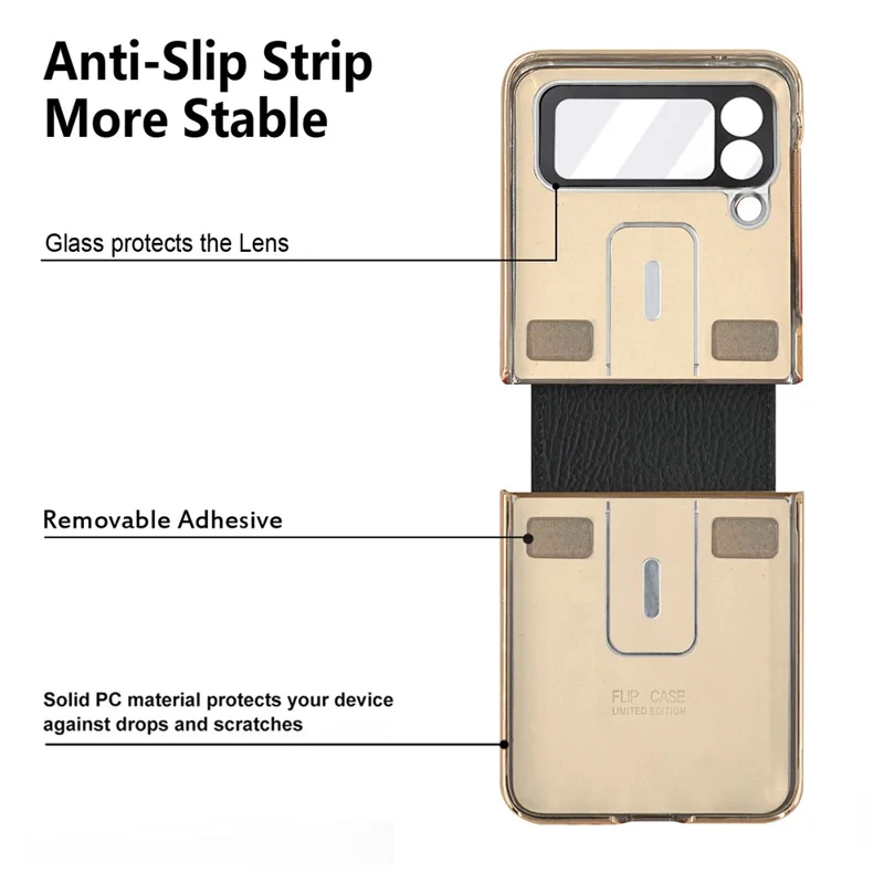 For Samsung Galaxy Z Flip4 5G Leather Coated PC Phone Case Ring Holder Design Folding Phone Cover with Tempered Glass Lens Film - Black