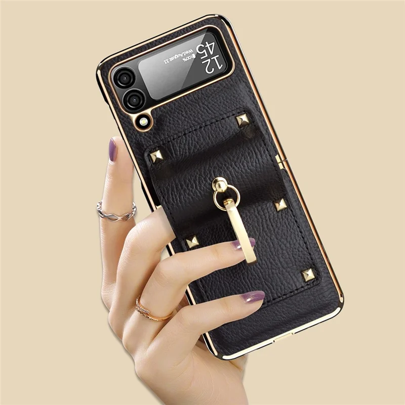 For Samsung Galaxy Z Flip4 5G Leather Coated PC Phone Case Ring Holder Design Folding Phone Cover with Tempered Glass Lens Film - Black