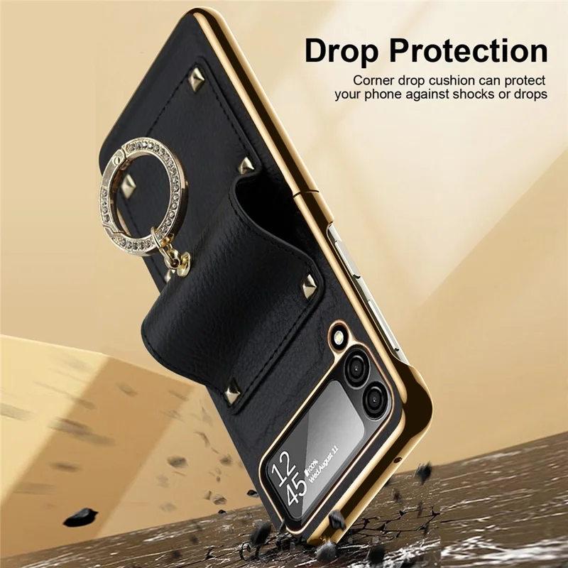 For Samsung Galaxy Z Flip4 5G Leather Coated PC Phone Case Ring Holder Design Folding Phone Cover with Tempered Glass Lens Film - Black