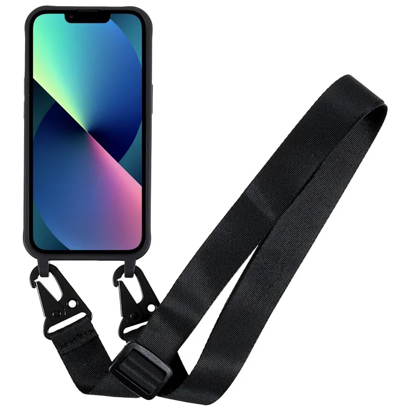 For iPhone 14 6.1 inch Anti-fingerprint Matte Surface TPU Phone Cover Anti-wear Back Shell + Wide Strap - Black