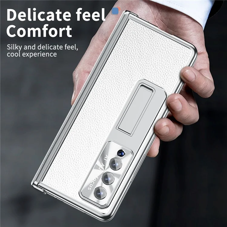 Para Samsung Galaxy Z Fold4 5g Litchi Textura Double Hinge Coupation Case de Telefone PC Revestido de Couro Com Filme de Vidro Temperado e Caneta de Caneta - Prata