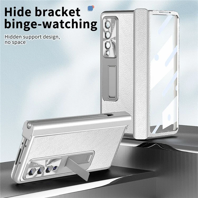 Para Samsung Galaxy Z Fold4 5g Litchi Textura Double Hinge Coupation Case de Telefone PC Revestido de Couro Com Filme de Vidro Temperado e Caneta de Caneta - Prata
