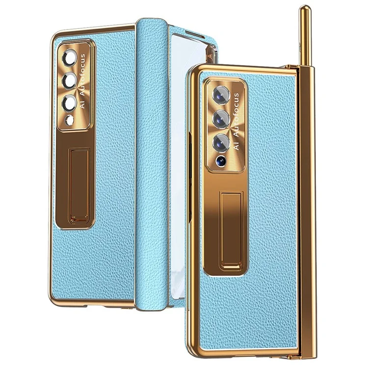 Für Samsung Galaxy Z Fold3 5G Litchi Texture Phone Hülle Doppelscharnierleder -pc -abdeckung Mit Temperamentvollem Glas Und Stiftstift - Gold / Blau