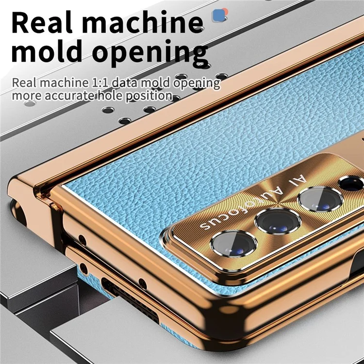 Für Samsung Galaxy Z Fold3 5G Litchi Texture Phone Hülle Doppelscharnierleder -pc -abdeckung Mit Temperamentvollem Glas Und Stiftstift - Gold / Blau