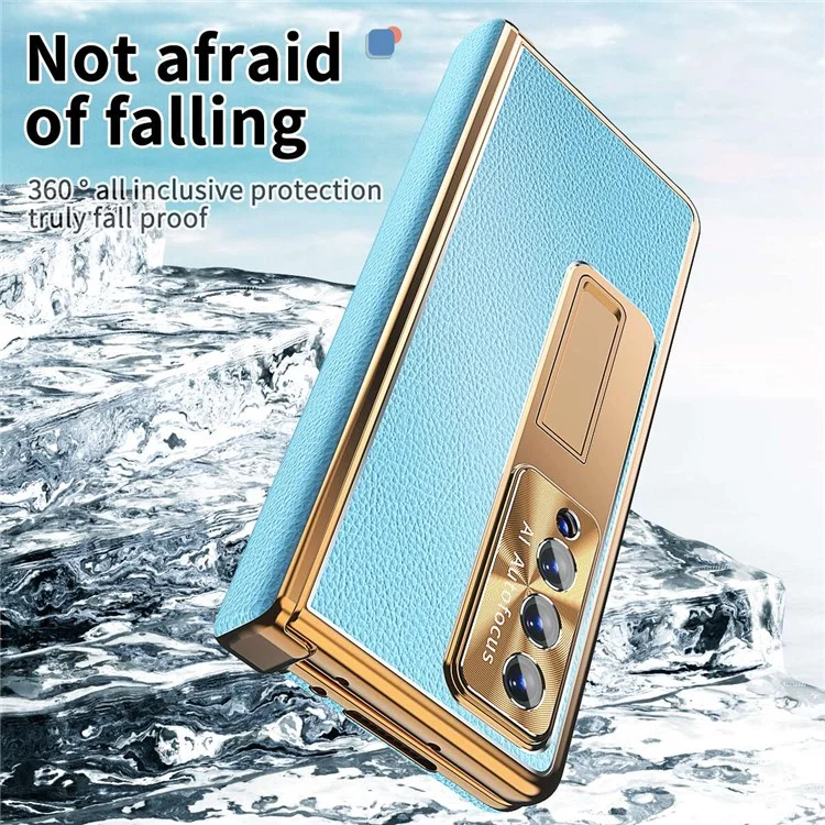 Für Samsung Galaxy Z Fold3 5G Litchi Texture Phone Hülle Doppelscharnierleder -pc -abdeckung Mit Temperamentvollem Glas Und Stiftstift - Gold / Blau