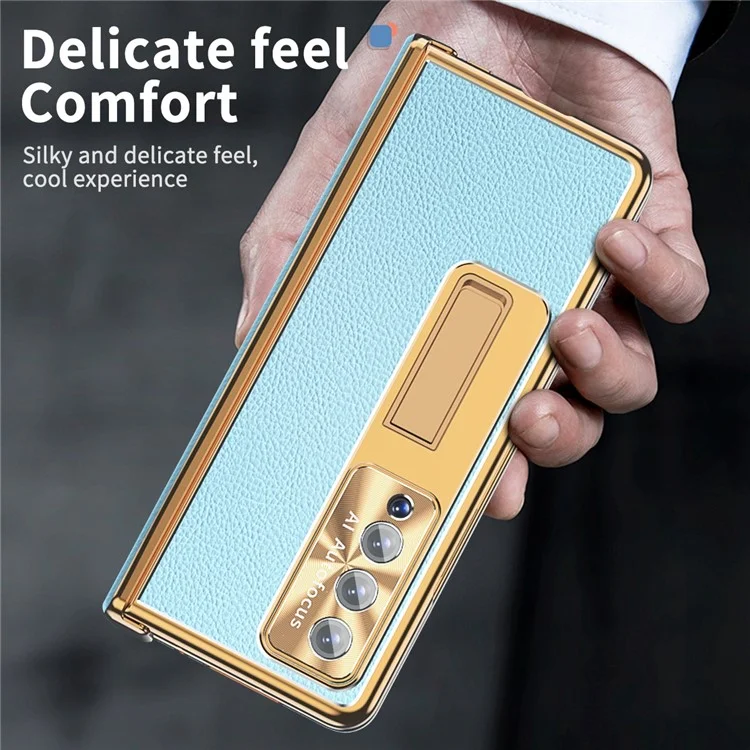 Für Samsung Galaxy Z Fold3 5G Litchi Texture Phone Hülle Doppelscharnierleder -pc -abdeckung Mit Temperamentvollem Glas Und Stiftstift - Gold / Blau