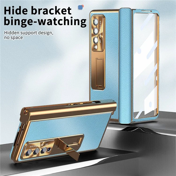 Für Samsung Galaxy Z Fold3 5G Litchi Texture Phone Hülle Doppelscharnierleder -pc -abdeckung Mit Temperamentvollem Glas Und Stiftstift - Gold / Blau