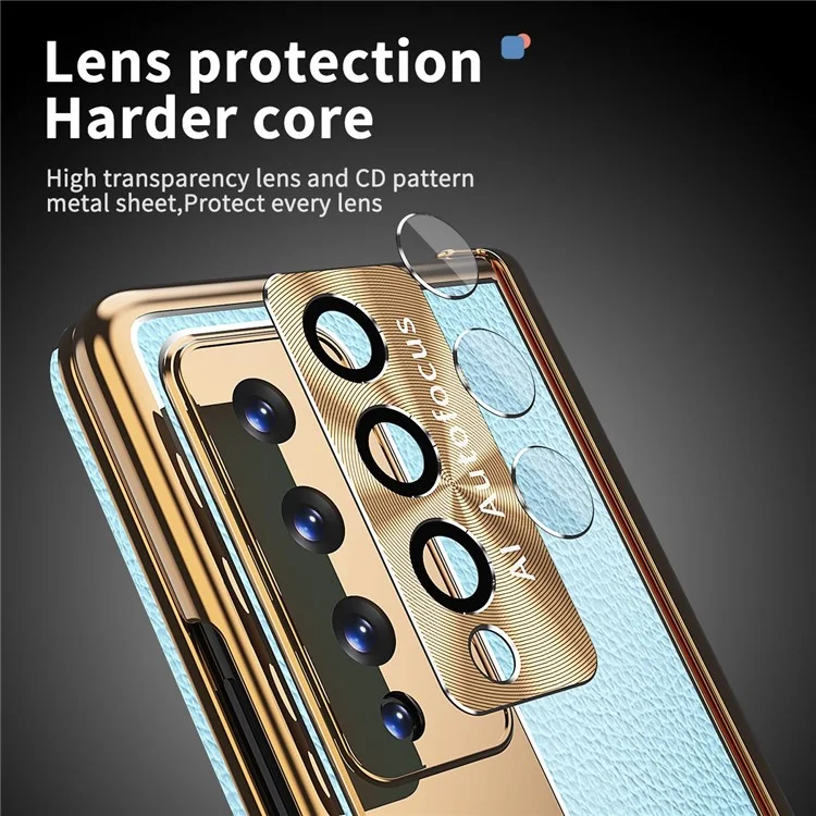 Für Samsung Galaxy Z Fold3 5G Litchi Texture Phone Hülle Doppelscharnierleder -pc -abdeckung Mit Temperamentvollem Glas Und Stiftstift - Gold / Blau