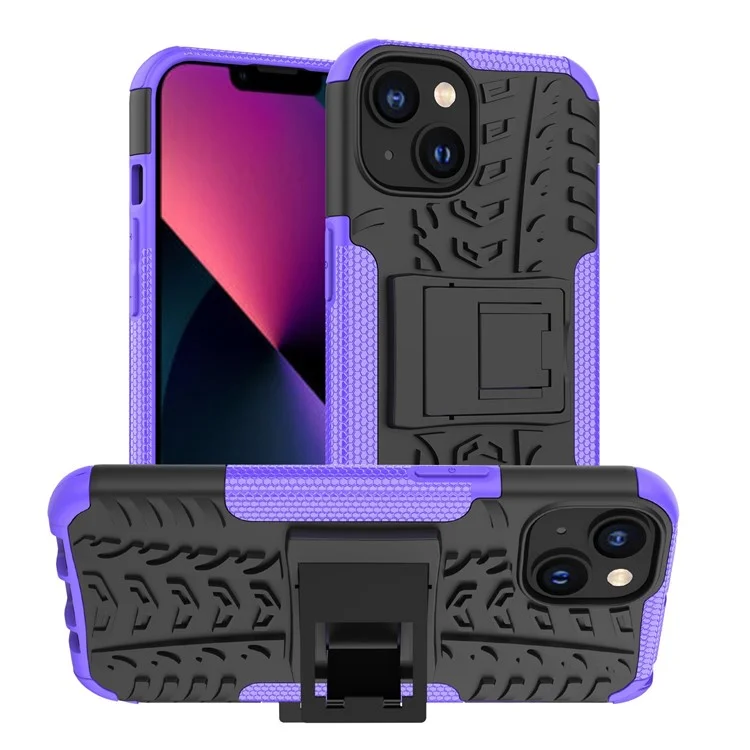 Pour Iphone 14 6,1 Pouces Motif de Pneu de Pneu Antidérapant Case de Téléphone Hard PC Soft TPU Double Couche Couverture de Protection à L'épreuve Des Chocs Avec Kickstand - Violet