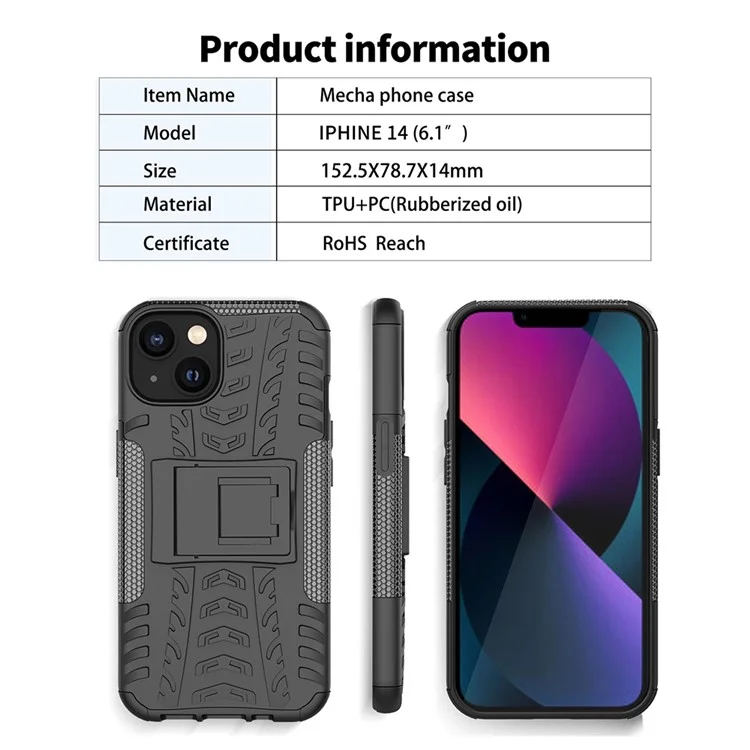 Pour Iphone 14 6,1 Pouces Motif de Pneu de Pneu Antidérapant Case de Téléphone Hard PC Soft TPU Double Couche Couverture de Protection à L'épreuve Des Chocs Avec Kickstand - Violet