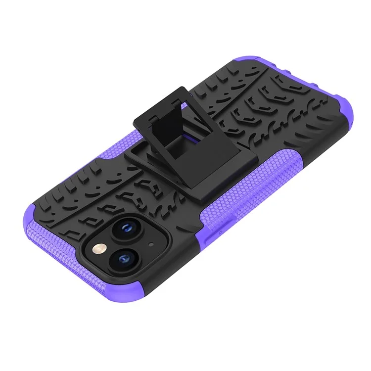Pour Iphone 14 6,1 Pouces Motif de Pneu de Pneu Antidérapant Case de Téléphone Hard PC Soft TPU Double Couche Couverture de Protection à L'épreuve Des Chocs Avec Kickstand - Violet