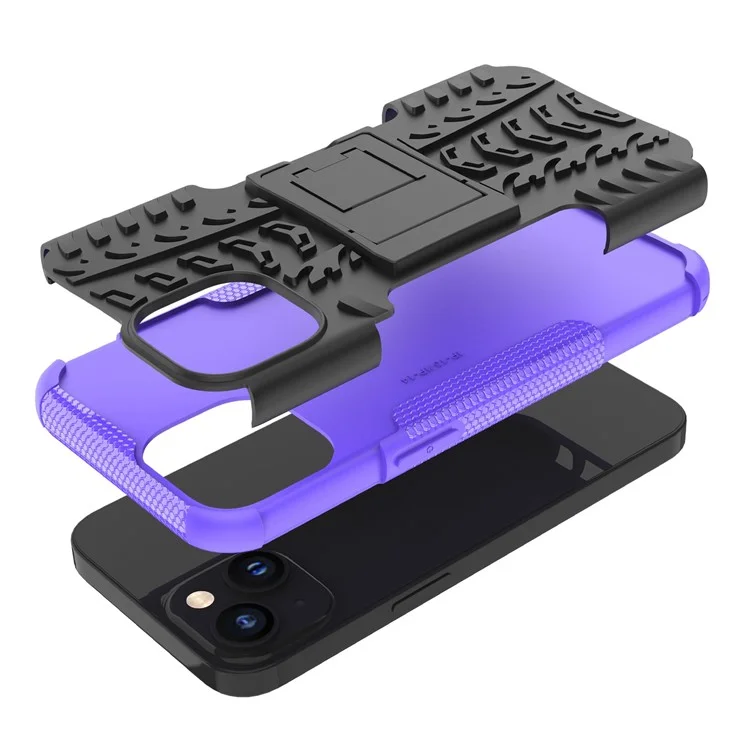 Pour Iphone 14 6,1 Pouces Motif de Pneu de Pneu Antidérapant Case de Téléphone Hard PC Soft TPU Double Couche Couverture de Protection à L'épreuve Des Chocs Avec Kickstand - Violet