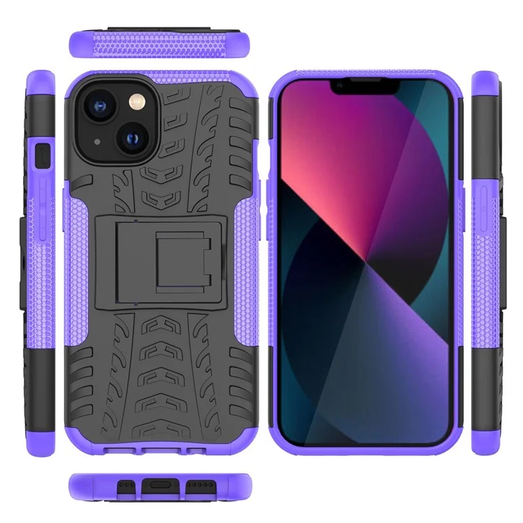 Pour Iphone 14 6,1 Pouces Motif de Pneu de Pneu Antidérapant Case de Téléphone Hard PC Soft TPU Double Couche Couverture de Protection à L'épreuve Des Chocs Avec Kickstand - Violet
