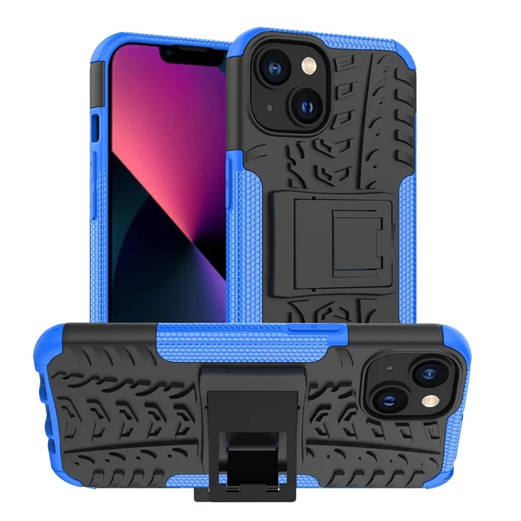 Para Iphone 14 Máximo de 6,7 Polegadas PC Hard PC Soft TPU Caixa de Telefone à Prova de Choque Cool Pneu Pneu Pattern Kickstand Protection Cover - Azul