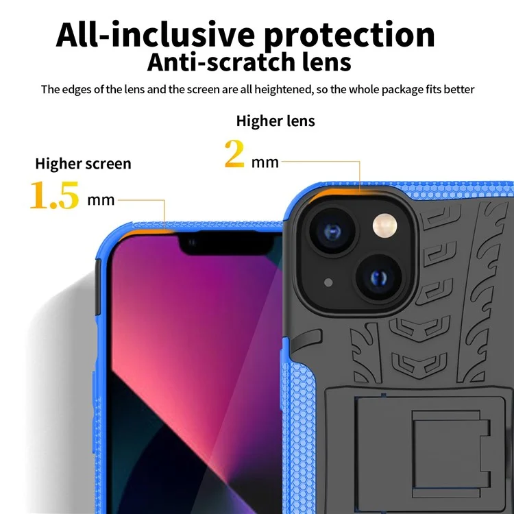 Para Iphone 14 Máximo de 6,7 Polegadas PC Hard PC Soft TPU Caixa de Telefone à Prova de Choque Cool Pneu Pneu Pattern Kickstand Protection Cover - Azul