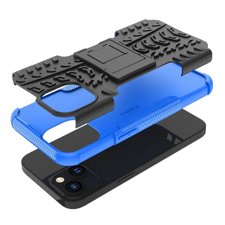 Para Iphone 14 Máximo de 6,7 Polegadas PC Hard PC Soft TPU Caixa de Telefone à Prova de Choque Cool Pneu Pneu Pattern Kickstand Protection Cover - Azul