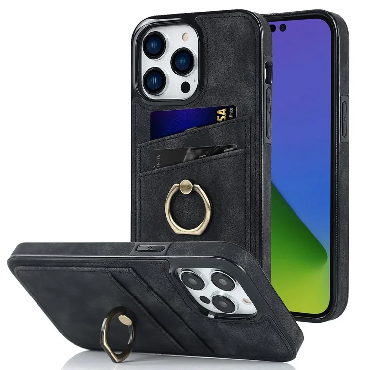 Pour Iphone 14 Pro 6,1 Pouces Rétro en Cuir en Cuir TPU TPU Téléphone Ring Finger Ring Kickstand Design Carte Slots Tocoping Couver - le Noir