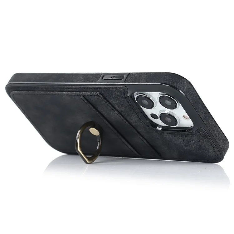 Pour Iphone 14 Pro 6,1 Pouces Rétro en Cuir en Cuir TPU TPU Téléphone Ring Finger Ring Kickstand Design Carte Slots Tocoping Couver - le Noir