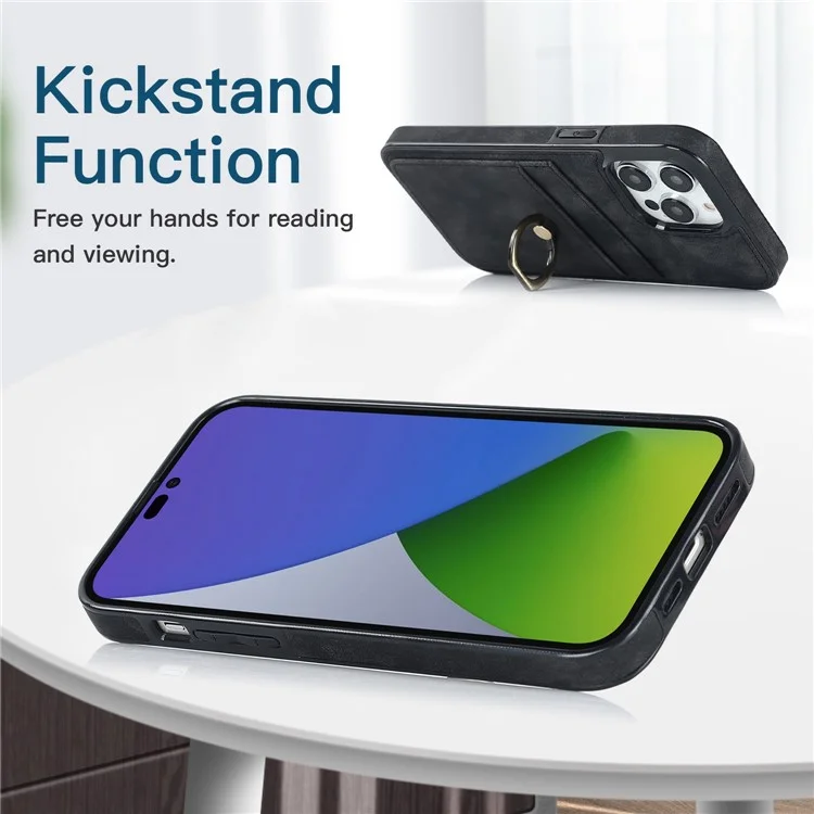 Pour Iphone 14 Pro 6,1 Pouces Rétro en Cuir en Cuir TPU TPU Téléphone Ring Finger Ring Kickstand Design Carte Slots Tocoping Couver - le Noir