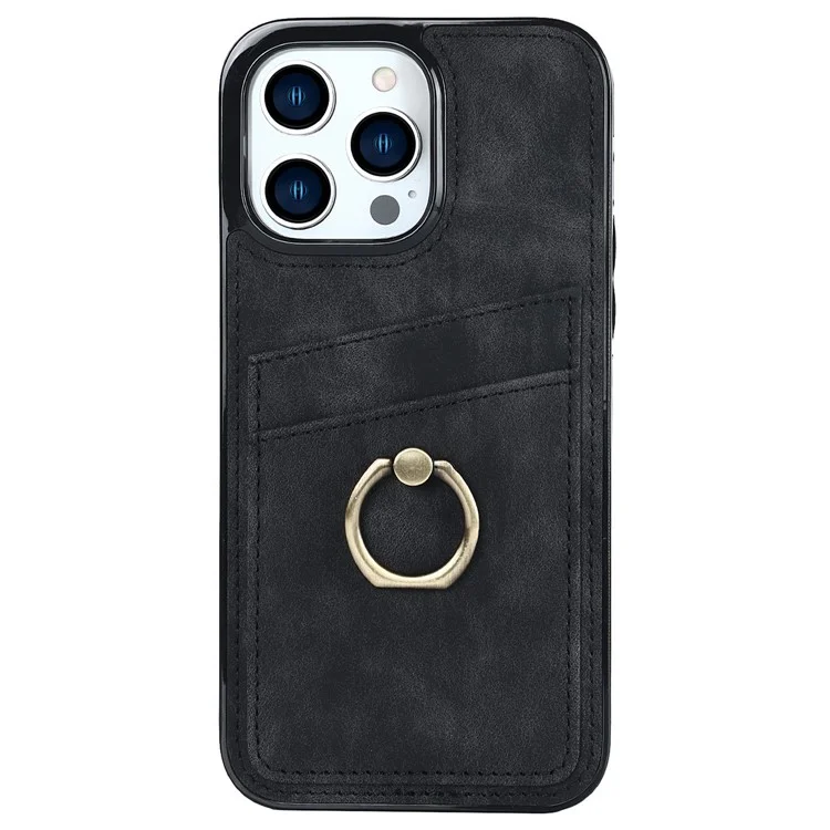Pour Iphone 14 Pro 6,1 Pouces Rétro en Cuir en Cuir TPU TPU Téléphone Ring Finger Ring Kickstand Design Carte Slots Tocoping Couver - le Noir