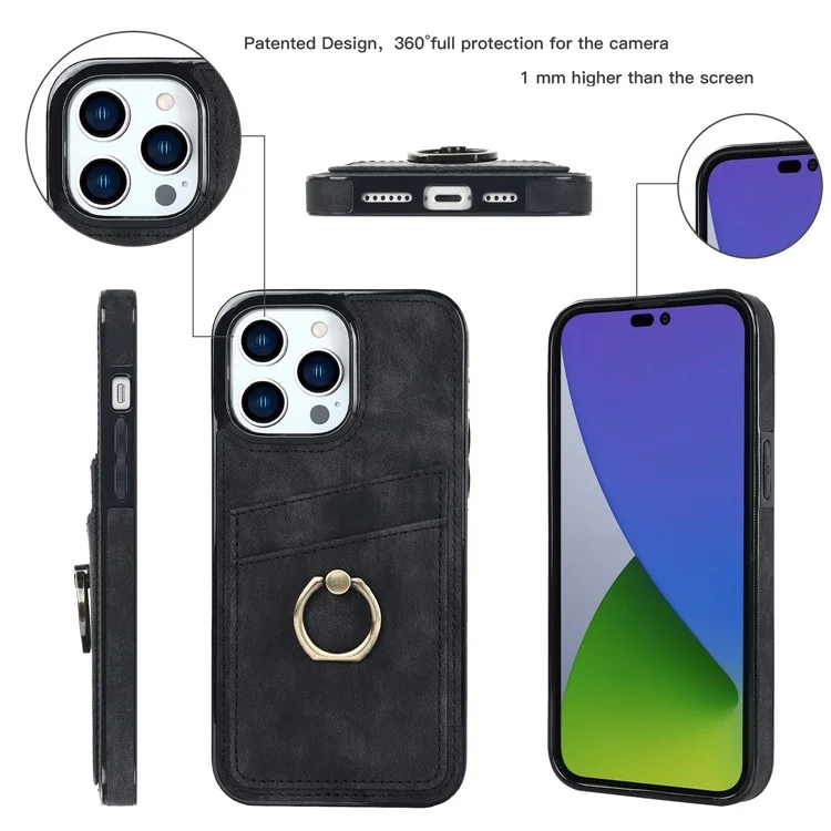 Para iPhone 14 Pro Max 6.7 polegadas Retro Phone Case Leather Coated TPU Ring Holder Kickstand Feature Anti-fall Shell with Card Slots - Black