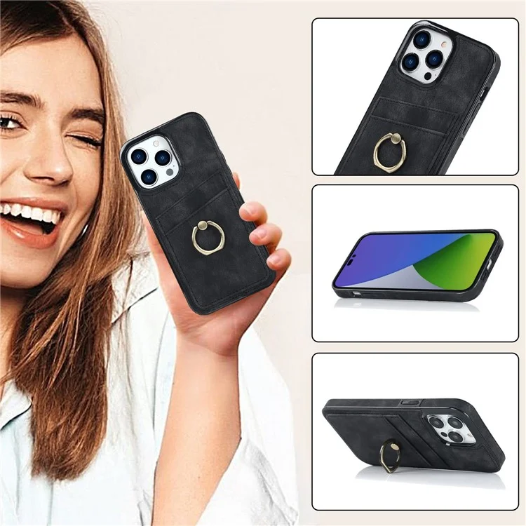 Para iPhone 14 Pro Max 6.7 polegadas Retro Phone Case Leather Coated TPU Ring Holder Kickstand Feature Anti-fall Shell with Card Slots - Black