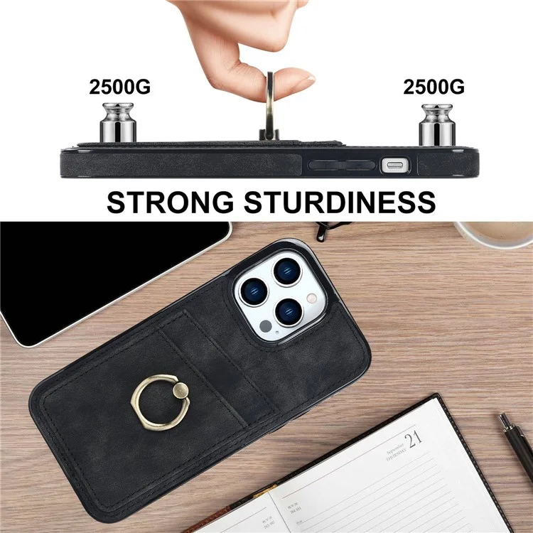 Para iPhone 14 Pro Max 6.7 polegadas Retro Phone Case Leather Coated TPU Ring Holder Kickstand Feature Anti-fall Shell with Card Slots - Black