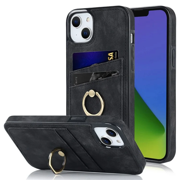 For iPhone 14 Plus Retro Phone Case Leather Coated TPU Metal Finger Ring Kickstand Design Shell with Card Slots - Black