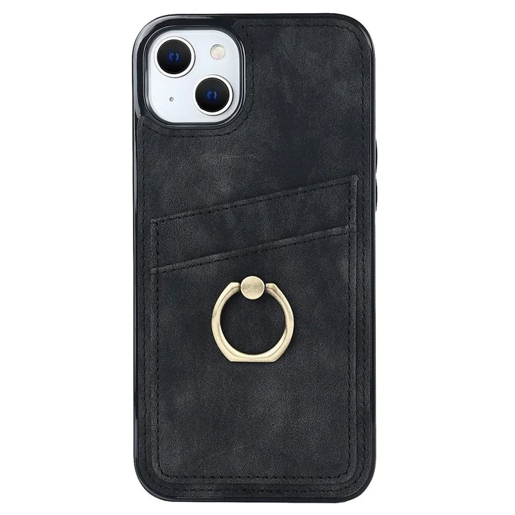 For iPhone 14 Plus Retro Phone Case Leather Coated TPU Metal Finger Ring Kickstand Design Shell with Card Slots - Black