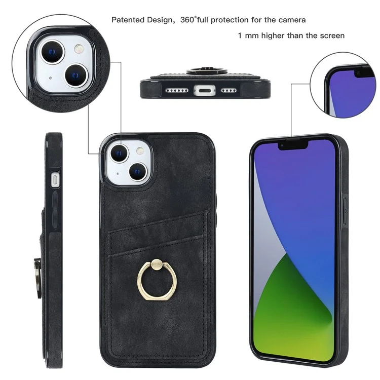 For iPhone 14 Plus Retro Phone Case Leather Coated TPU Metal Finger Ring Kickstand Design Shell with Card Slots - Black