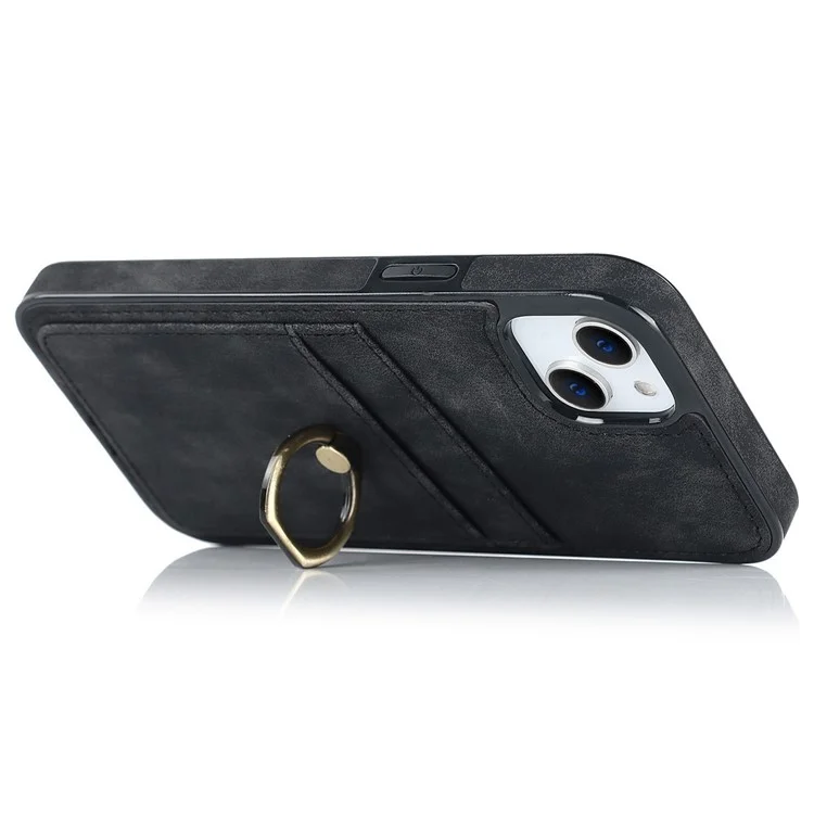 For iPhone 14 Plus Retro Phone Case Leather Coated TPU Metal Finger Ring Kickstand Design Shell with Card Slots - Black