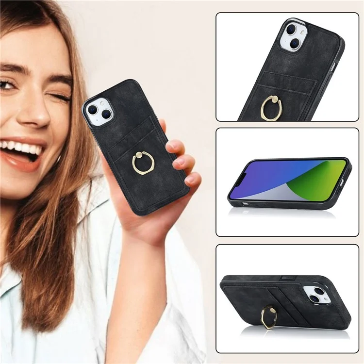For iPhone 14 Plus Retro Phone Case Leather Coated TPU Metal Finger Ring Kickstand Design Shell with Card Slots - Black
