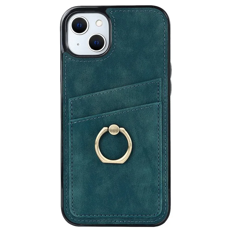 Für iPhone 14 Plus Retro Phone Case Lederüberzogene TPU Metall Fingerring Ständer Design Schale mit Kartenfächern - Grün