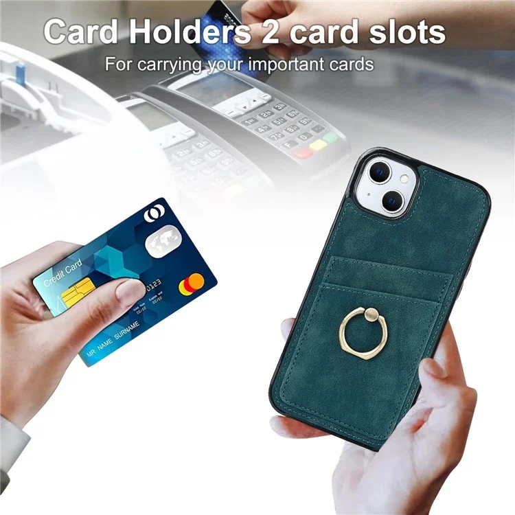 Für iPhone 14 Plus Retro Phone Case Lederüberzogene TPU Metall Fingerring Ständer Design Schale mit Kartenfächern - Grün