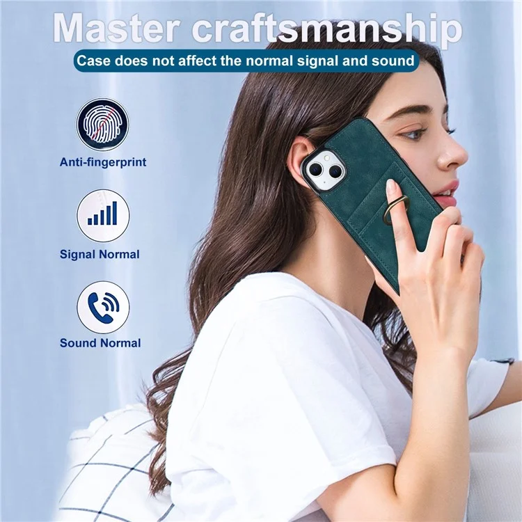 Für iPhone 14 Plus Retro Phone Case Lederüberzogene TPU Metall Fingerring Ständer Design Schale mit Kartenfächern - Grün
